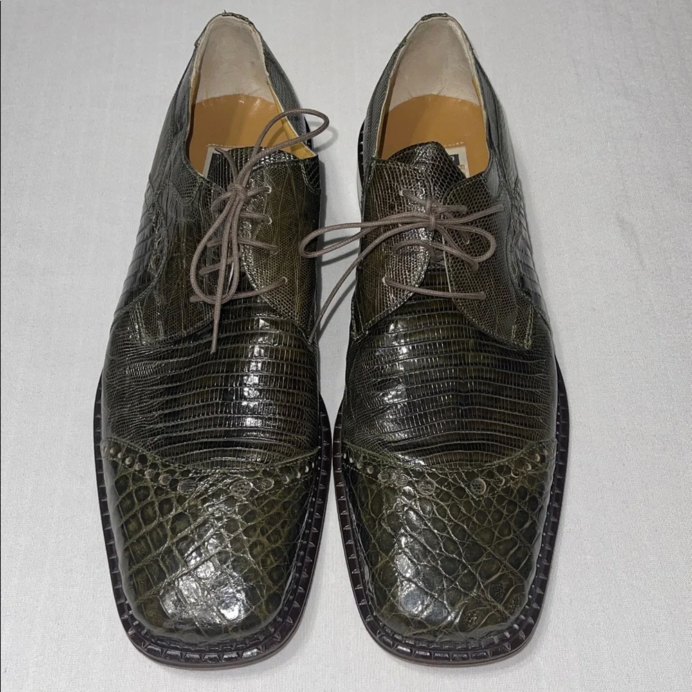 David Eden Sophisticated Olive Crocodile Lizard Derby Shoes